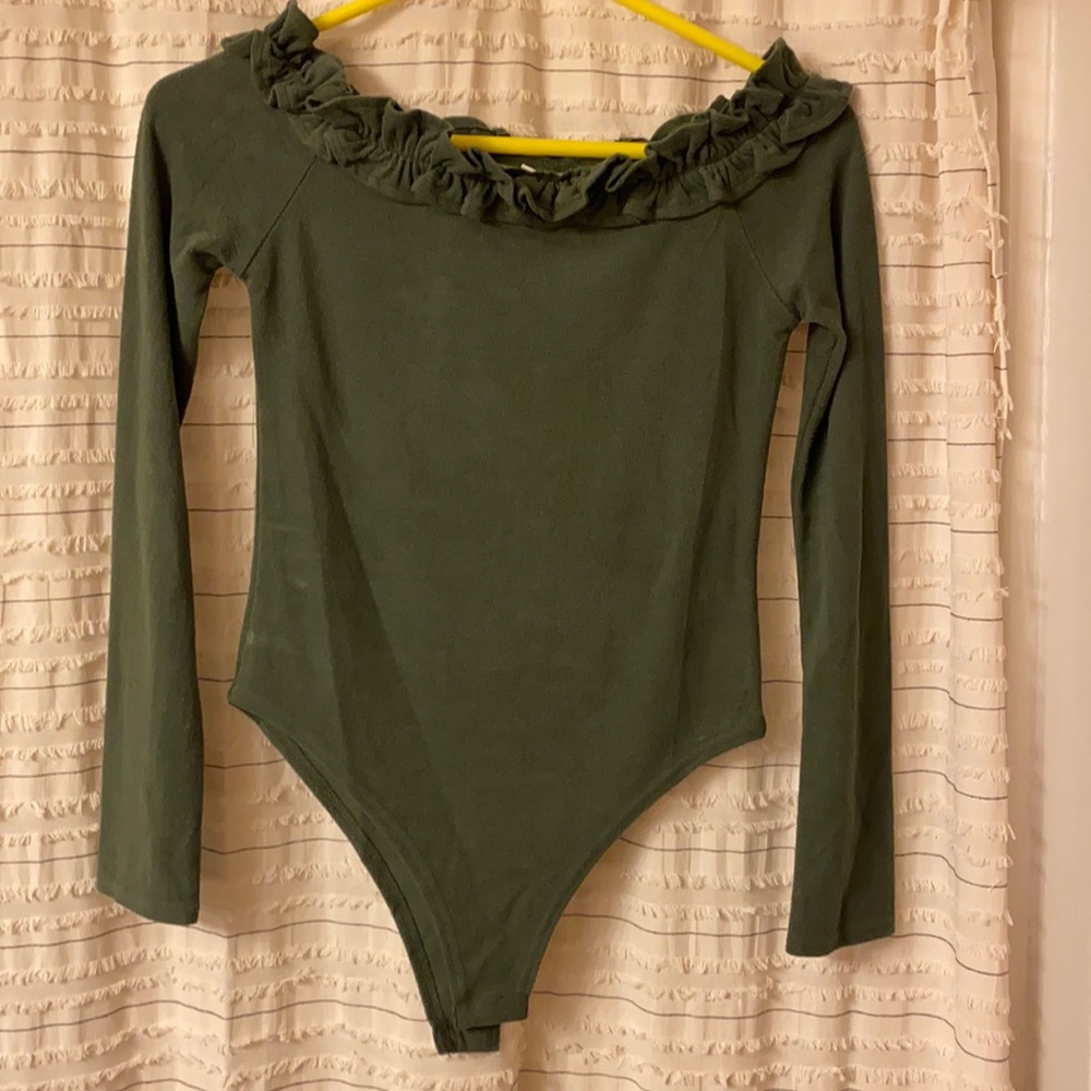 Off the shoulder green body suit